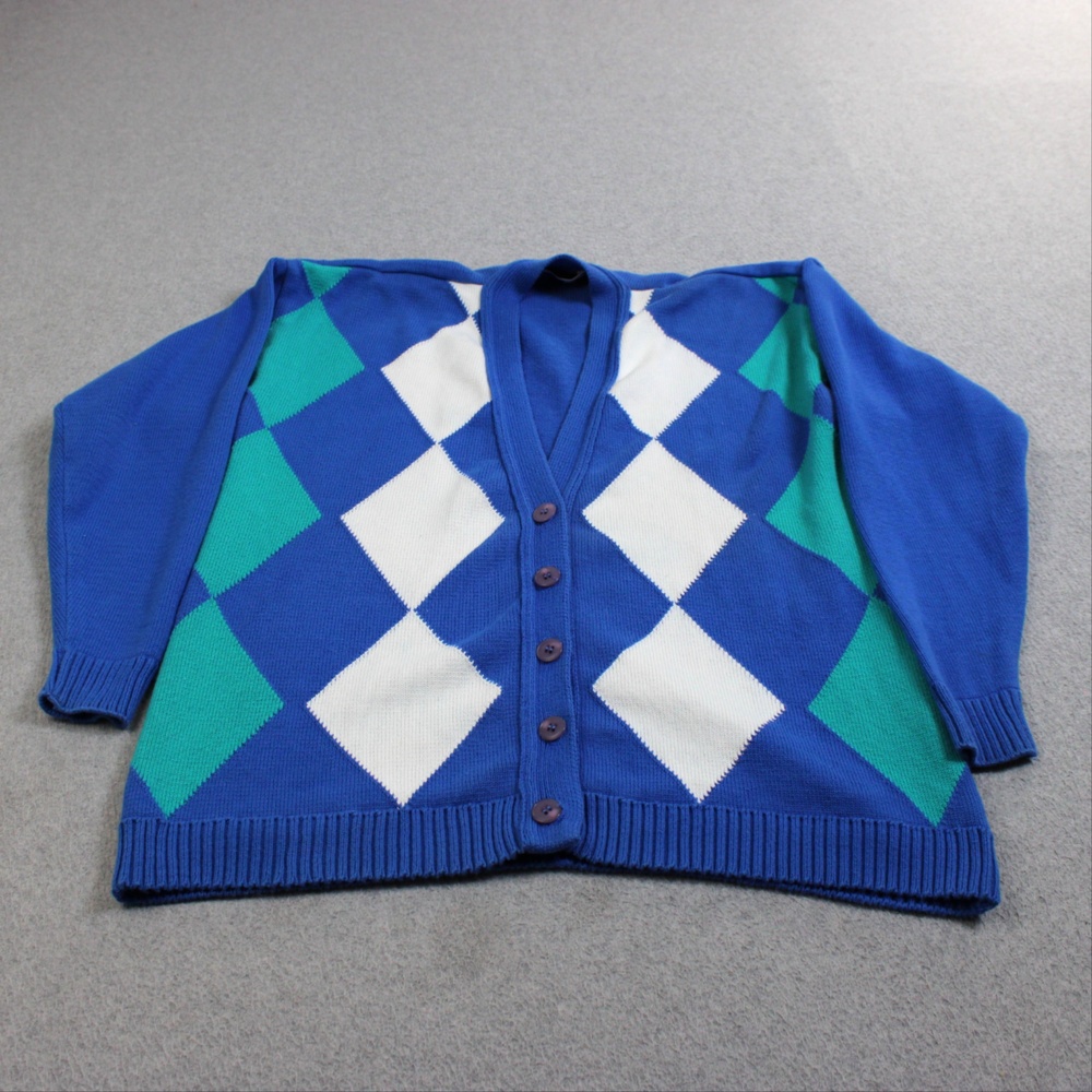Vintage Pendleton Cardigan Sweater Women Petite Medium Blue Argyle Cotton Preppy